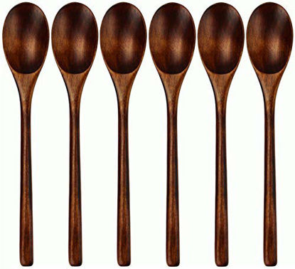 Picture of Spoons, Wooden Spoons for Eating, 6 Pieces Japanese Natural Plant Ellipse Wooden Ladle Spoon Set for Cooking Mixing Stirring Honey Tea Soda Dessert Coconut Bowl Nonstick Pots Kitchen