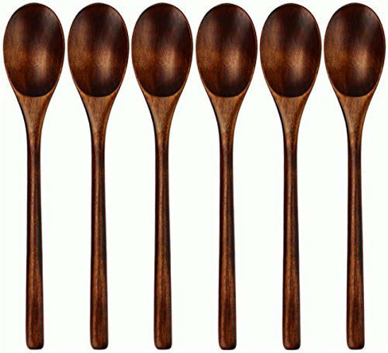 Picture of Spoons, Wooden Spoons for Eating, 6 Pieces Japanese Natural Plant Ellipse Wooden Ladle Spoon Set for Cooking Mixing Stirring Honey Tea Soda Dessert Coconut Bowl Nonstick Pots Kitchen