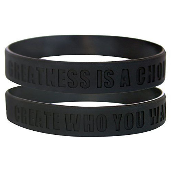 Picture of GOMOYO Greatness is a Choice, Create Who You Want to Be Silicone Wristbands with Quote, Rubber Bracelets for Fitness, Workout, Crossfit, Basketball, Weight Training (Black - 2 Pack)