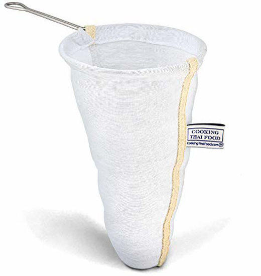 Picture of CTF Premium Thai Tea Filter 5" Dia. 10.5" Deep Authentic Fleeced Cotton Strainer with Taped Seam and Handle of Genuine Stainless Steel 18/8