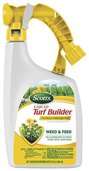 Picture of Scotts Liquid Turf Builder with Plus 2 Weed Control Fertilizer, 32 fl. oz. - Weed and Feed - Kills Dandelions, Clover and Other Listed Lawn Weeds - Covers up to 6,000 sq. ft.