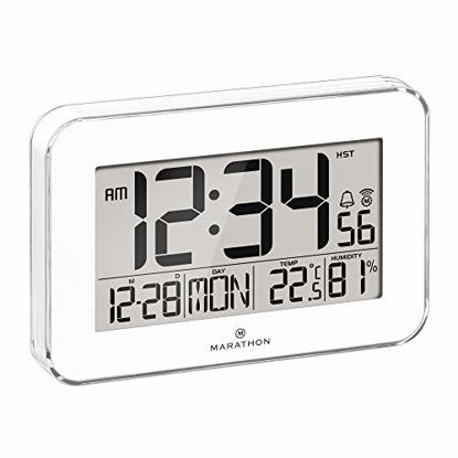 Picture of MARATHON CL030060WH Designer Atomic Wall Clock with Polished Acrylic Bezel. Displays Calendar, Indoor Temperature and Humidity. (White)