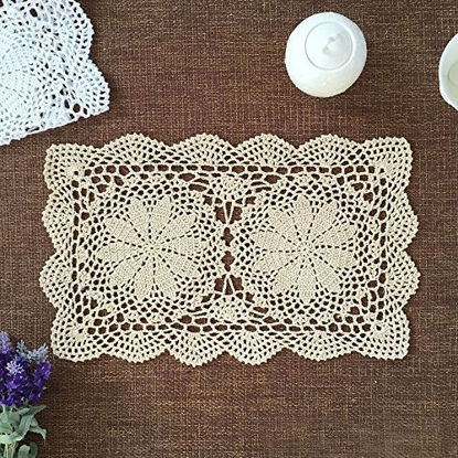 Picture of yazi Placemats for Dining Table Handmade Cotton Placemats Doily Crochet Lace Table Doilies Square Coasters Beige 10inches by 16inches