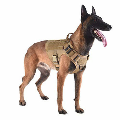 Picture of ICEFANG Tactical Dog Harness with 2X Metal Buckle,Dog Walking Training MOLLE Vest with Handle,No Pulling Front Leash Clip,Hook and Loop for Dog Patch (L (28"-35" Girth), Coyote Brown)