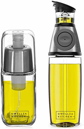 Picture of DWËLLZA KITCHEN Olive Oil Dispenser Bottle and Olive Oil Sprayer Mister for Cooking Set - Oil Spray Bottle 6 OZ and Glass Oil Bottle 17 OZ with Measurements Drip-Free Spout Stainless Steel