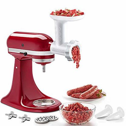 Picture of Food Meat Grinder Attachments for KitchenAid Stand Mixers, Durable Meat Grinder, Sausage Stuffer Attachment Compatible with All KitchenAid Stand Mixers, includes 2 Sausage Stuffer Tubes, White