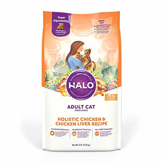 Picture of Halo Natural Dry Cat Food -  Premium and Holistic Real Whole Meat - Chicken & Chicken Liver Recipe - 6 Pound Bag - Sustainably Sourced Adult Cat Food - Non-GMO, Highly Digestible, and Made in the USA