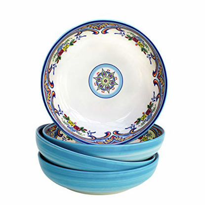 Picture of Euro Ceramica Zanzibar Collection Pasta Bowls, Set of 4, Spanish Floral Design, Multicolor Blue