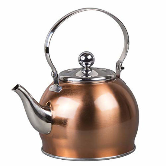 Picture of Creative Home Royal Stainless Steel Tea Kettle with Folding Handle, Removable Infuser Basket Aluminum Capsulated Bottom for Even Heat Distribution, 1.0 Quart, Copper Finish