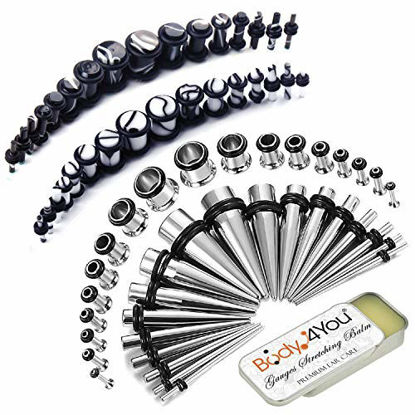 Picture of BodyJ4You 73PC Gauges Kit Ear Stretching Aftercare Balm 14G-00G White Black Acrylic Plug Steel Taper