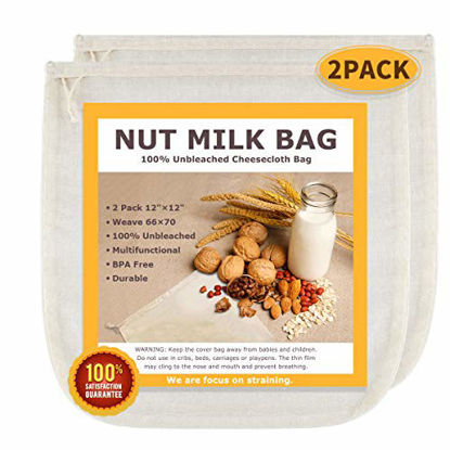 Picture of Nut Milk Bags, All Natural Cheesecloth Bags, 12"x12", 2 Pack, 100% Unbleached Cotton Cloth Bags for Cheese/Tea/Yogurt/Juice/Wine/Soup/Herbs, Durable Washable Reusable Almond Milk Strainer(Weave 66x70)