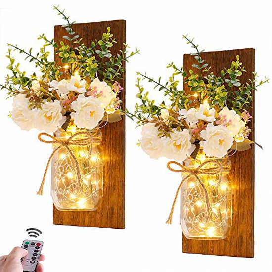 Picture of Rustic Wall Sconces Mason Jar Sconces Handmade Wall Art Hanging Design with Remote Control LED Fairy Lights and White Peony,Farmhouse Kitchen Decorations Wall Home Decor Living Room Lights Set of Two