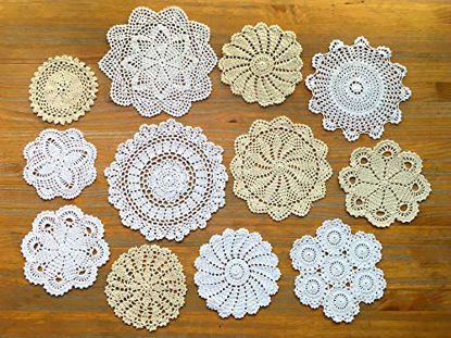 Picture of DOUKING 12Pcs Hand Crochet Lace Doilies for Table Decoration Handmade Vintage Round Lace Doilies Placemats, Varied Sizes, 5-12 Inches, Beige and White (12 PCS)
