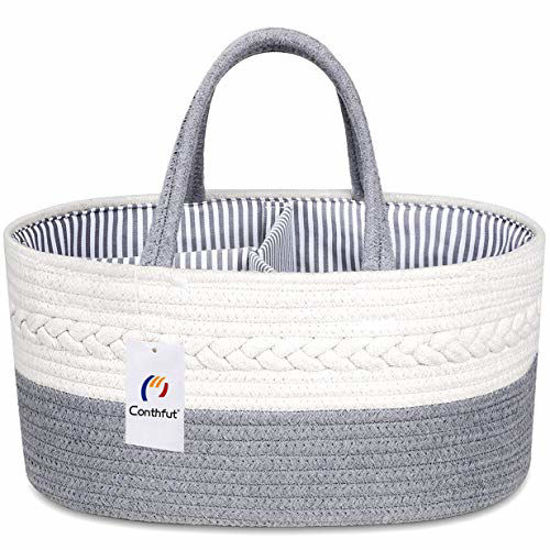 Picture of Conthfut Baby Diaper Caddy Organizer - Stylish Rope Nursery Storage Bin 100% Cotton Canvas Portable Diaper Storage Basket for Changing Table - Top Baby Shower Basket