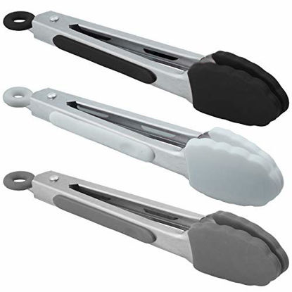 Picture of HINMAY Small Silicone Tongs 7-Inch Mini Serving Tongs, Set of 3 (Black White Gray)