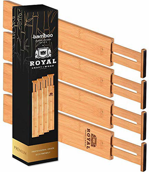 Picture of ROYAL CRAFT WOOD Adjustable Bamboo Drawer Dividers Organizers - Expandable Drawer Organization Separators for Kitchen, Dresser, Bedroom, Bathroom and Office, 4-Pack (13.5-17 in, Natural) (Natural)