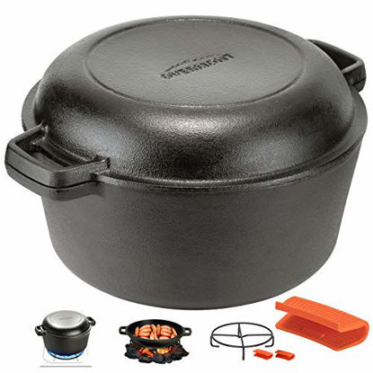 Picture of Overmont Dutch Oven 5 QT Cast Iron Casserole Pot + 1.6 QT Skillet Lid Pre Seasoned with Handle Covers & Stand for Camping Home Cooking BBQ Baking