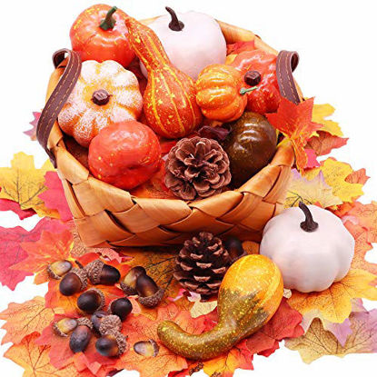 Picture of YIZRIO Mini Artificial Pumpkins Autumn Gourds, Maple Leaves, Pine Cones, Acorns for Halloween, Fall and Thanksgiving Decoration