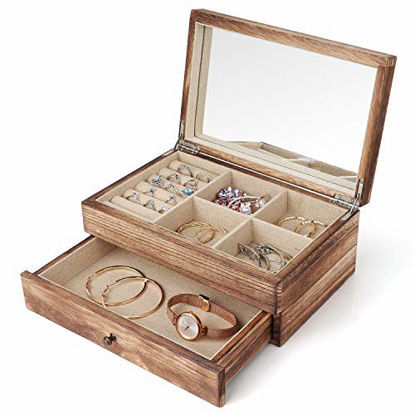 Picture of Meangood Jewelry Organizer Box Two-Layer, Jewelry case for Women, Wood Display Case with Mirror&Ring Tray, Vintage Style Torched Wood