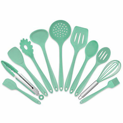 Picture of Homikit 11 Pieces Cooking Utensils Set, Silicone Kitchen Utensil Spatula Set for Nonstick Cookware, Green Kitchen Tools Include Whisk Turner Spoon Ladle Skimmer, Heat Resistant, Dishwasher Safe