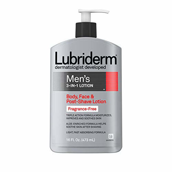 Picture of Lubriderm Men's 3-In-1 Unscented Lotion Enriched with Soothing Aloe for Body and Face, Non-Greasy Post Shave Moisturizer, Fragrance-Free, 16 fl. oz