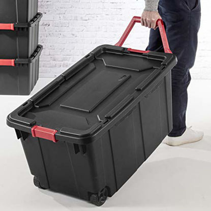 Picture of Sterilite 14699002 40 Gallon/151 Liter Wheeled Industrial Tote, Black Lid & Base w/ Racer Red Handle & Latches, 2-Pack
