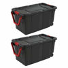Picture of Sterilite 14699002 40 Gallon/151 Liter Wheeled Industrial Tote, Black Lid & Base w/ Racer Red Handle & Latches, 2-Pack