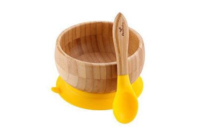 Picture of Avanchy Bamboo Baby Bowl & Spoon - Baby Cutlery - Bamboo Kids Bowl - BPA Free Bowl - Bamboo Kids Utensils - Baby Bowl and Spoons Set, Yellow - 5" x 3"