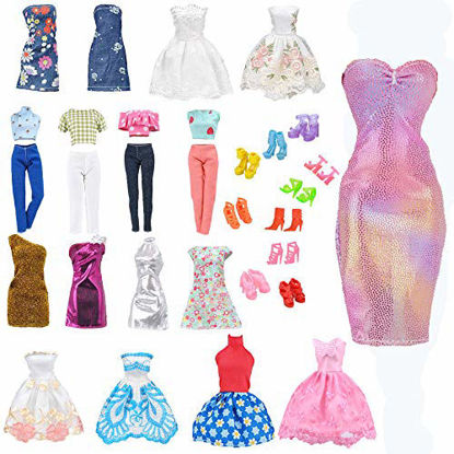 Picture of E-TING Lot 15 Items = 5 Sets Fashion Casual Wear Clothes/Outfit with 10 Pair Shoes for Girl Doll Random Style (Casual Wear Clothes + Short Skirt)