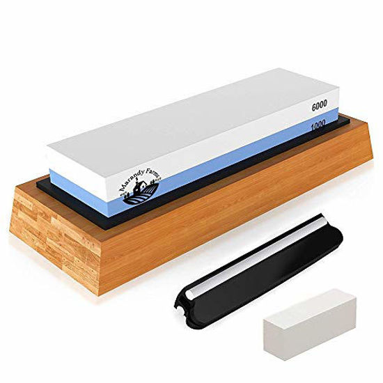 Marandy Farms Whetstone Knife Sharpening Stone - 2 Sided Professional  Waterstone - Kit + Accessories - 1000/6000 Grit - Nonslip Bamboo Base +  Ceramic Angle Guid…