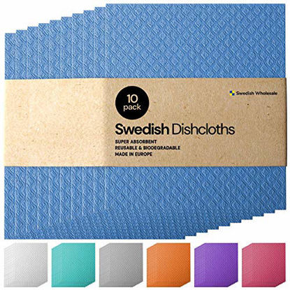 Picture of Swedish Dishcloth Cellulose Sponge Cloths - Bulk 10 Pack of Eco-Friendly No Odor Reusable Cleaning Cloths for Kitchen - Absorbent Dish Cloth Hand Towel (10 Dishcloths - Blue)