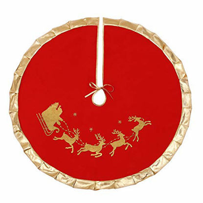 Picture of Red Christmas Tree Skirt with Gold Rim 48",Flannelette Santa Reindeer Xmas Party Holiday Decorations for 7Ft/7.5Ft/8Ft Christmas Tree (Red, 48")