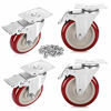 Picture of Moogiitools 5" Heavy Duty Swivel Casters Red PVC Wheel with Brake 1500lbs (Set of 4)