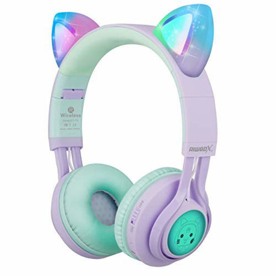 Picture of Kids Headphones, Riwbox CT-7S Cat Ear Bluetooth Headphones 85dB Volume Limiting,LED Light Up Kids Wireless Headphones Over Ear with Microphone for iPhone/iPad/Kindle/Laptop/PC/TV (Purple&Green)