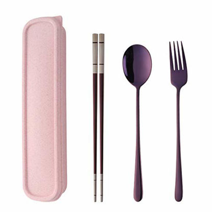 Picture of Do Buy Stainless Steel Fork Spoon Chopsticks with a Durable Case for Home Outdoor Camping Traveling Hiking, Purple