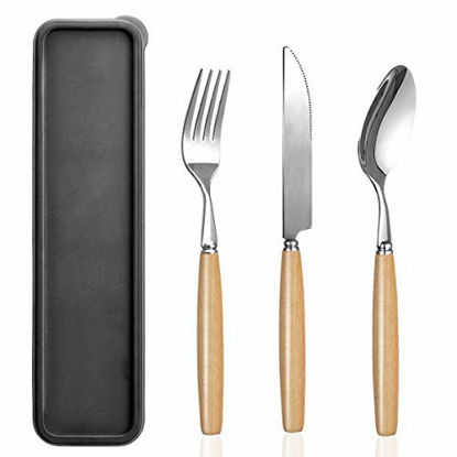 Picture of Portable Utensils Set with Case,Reusable Office Flatware Silverware Set,Healthy & Eco-Friendly Stainless Steel&Wood Full Size Fork,Spoon,Knife Cutlery Ideal for Travel,Lunch Box and Camping