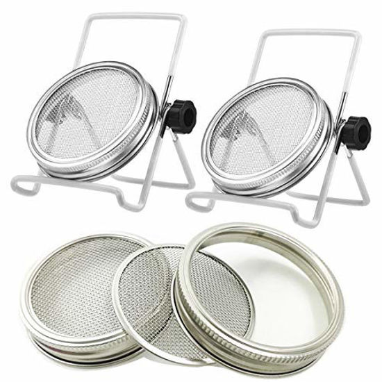 Picture of 2 Pcs Stainless Steel Mason Jar Sprouting Jar Lids with 2 Pcs Stainless Steel Sprouting Stands for Wide Mouth Mason Jars Canning Jars (White)