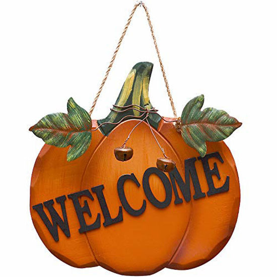 Picture of Wood Pumpkin Welcome Sign Fall Front Door Decor, Rustic Hanging Welcome Door Sign for Autumn Harvest Thanksgiving Halloween Door Wall Decoration Indoor Outdoor Fall Decor for Home 9.75"X9.5"