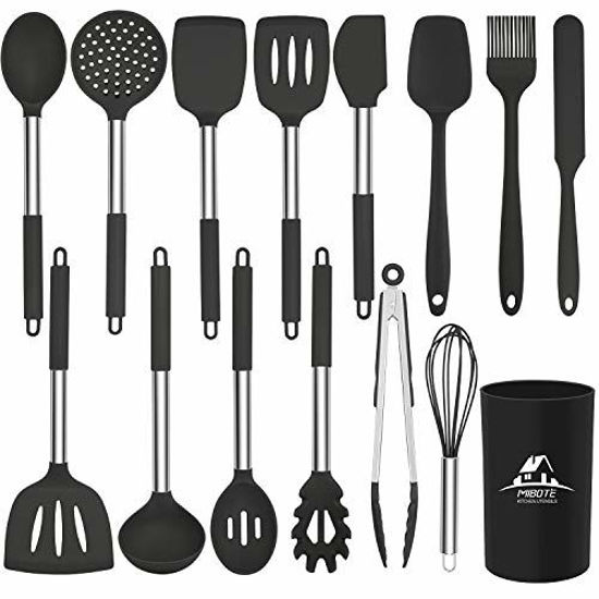 Picture of Mibote 15 Pcs Silicone Kitchen Utensils Set, Cooking Utensils Set with Heat Resistant BPA-Free Silicone and Stainless Steel Handle Kitchen Tools Set (Black)