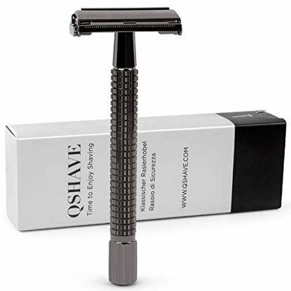 Picture of QSHAVE Butterfly Open Long Handle Double Edge Safety Razor for Men or Women, Nostalgic ( 1 Razor + Leather Protective Sleeve + 5 pcs Titanium Coated Blades)