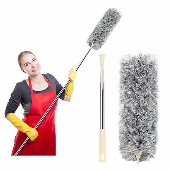 Picture of Microfiber Duster for Cleaning with Extension Pole(Stainless Steel), Extra Long 100 inches, with Bendable Head, Extendable Duster for Cleaning High Ceiling Fan, Cars