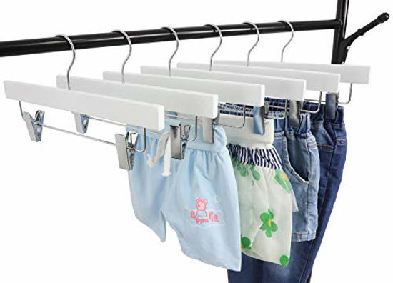 Picture of TOPIA HANGER 11.8'' White Wooden Pants Skirt Hangers for Kids Baby Toddler Children, Extra Thick Chrome Hooks & Anti-Wrinkle Premium Flat Clips 10 Pack CT09PW