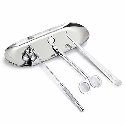 Picture of OwnMy 4 in 1 Candle Accessory Set - Candle Wick Trimmer, Candle Wick Dipper, Candle Wick Snuffer, Storage Tray Plate, Candle Care Tools Gift for Candle Lovers (Silver Tone)