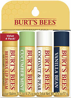Picture of Burt's Bees 100% Natural Moisturizing Lip Balm, Multipack - Original Beeswax, Cucumber Mint, Coconut & Pear and Vanilla Bean with Beeswax & Fruit Extracts - 4 Tubes