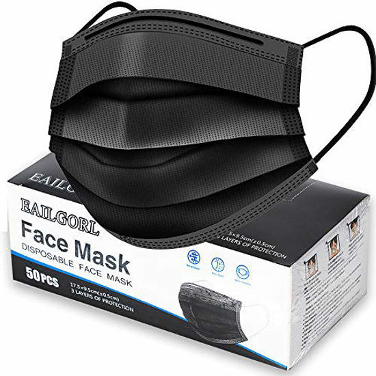 Picture of Face Mask Black, Disposable Face Masks, 3 Layer Design Protection Breathable Face Masks with Elastic earband