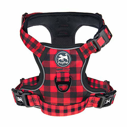 Picture of PoyPet No Pull Dog Harness, [Release on Neck] Reflective Adjustable No Choke Pet Vest with Front & Back 2 Leash Attachments, Soft Control Training Handle, Plaid(Checkered Red, Large)