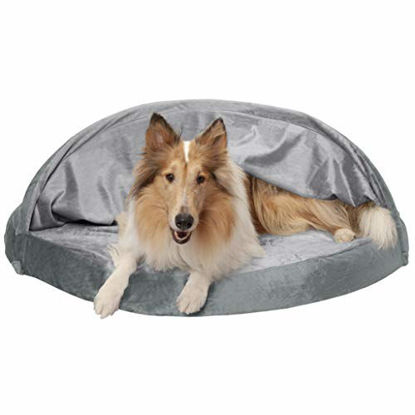 Picture of Furhaven Pet Dog Bed - Orthopedic Round Cuddle Nest Micro Velvet Snuggery Blanket Burrow Pet Bed w/ Removable Cover for Dogs & Cats, Silver, 44-Inch