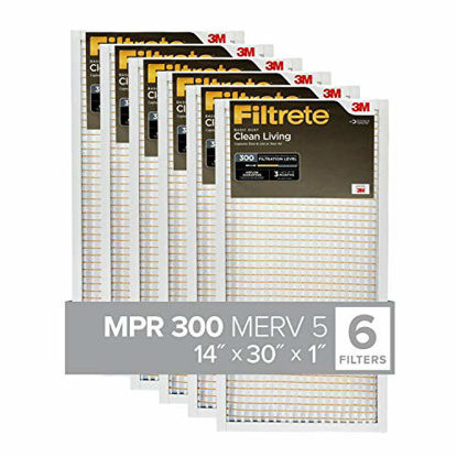 Picture of Filtrete 14x30x1, AC Furnace Air Filter, MPR 300, Clean Living Basic Dust, 6-Pack (exact dimensions 13.81 x 29.81 x 0.81)