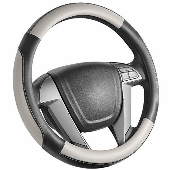 Picture of SEG Direct Car Steering Wheel Cover Small-Size for Prius Civic Model 3 Camaro Spark Rogue Mini Smart Audi with 14 inches-14 1/4 inches Outer Diameter, Gray Mirofiber Leather