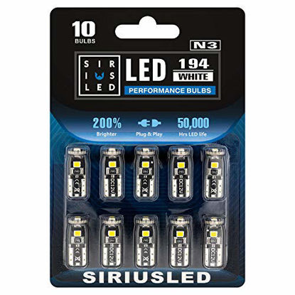 Picture of SIRIUSLED 194 LED Bulbs Extremely Super Bright 3030 Chipset for Car truck Interior Dome Map Door Courtesy Marker License Plate Lights Compact Wedge T10 168 2825 Xenon White Pack of 10